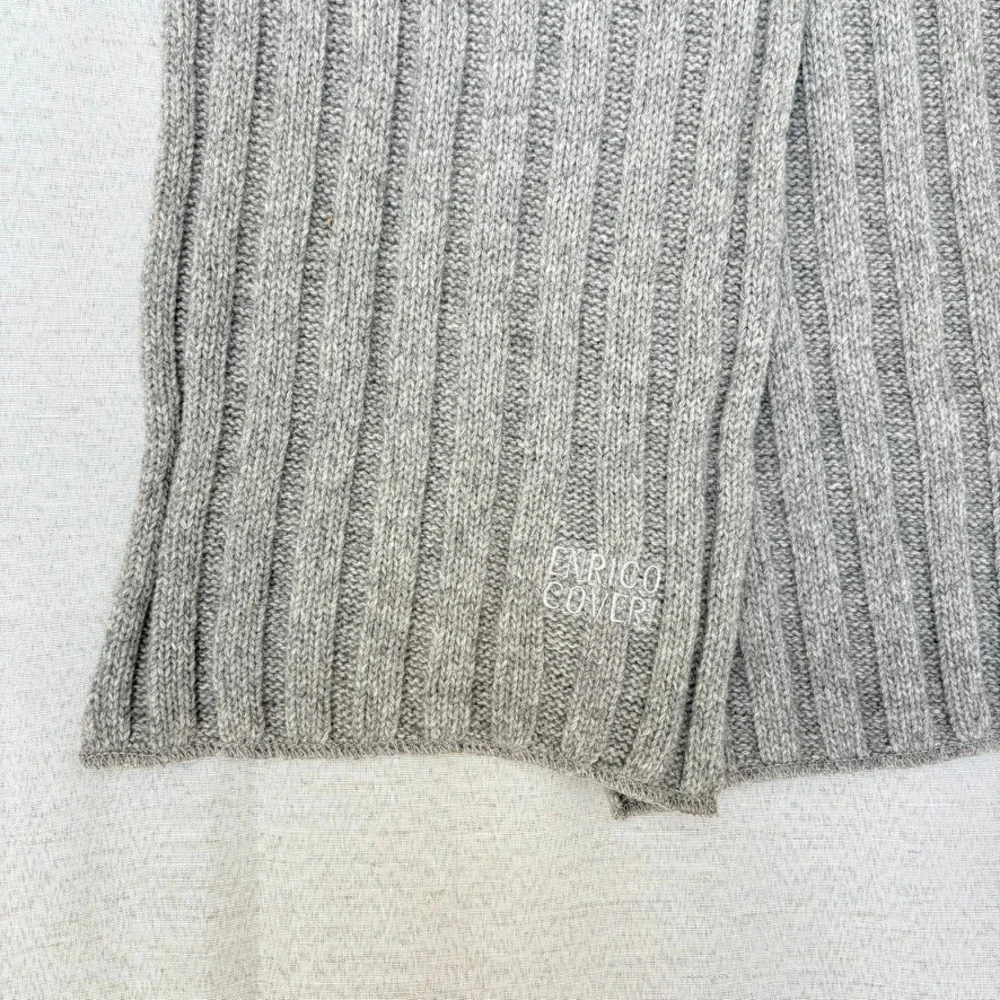 Enrico Coveri Wool Scarf Grey Ribbed Knit Embroidery Logo minimal capsule luxury